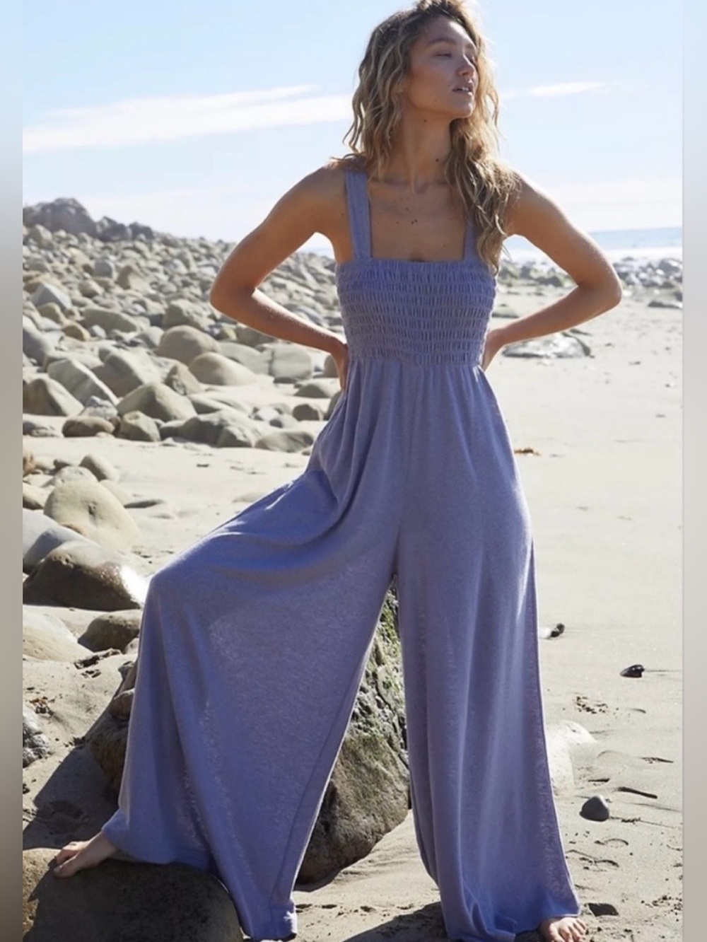 Free People Beach Smocked Wide Leg Jumpsuit Lavender Purple Linen Blend L